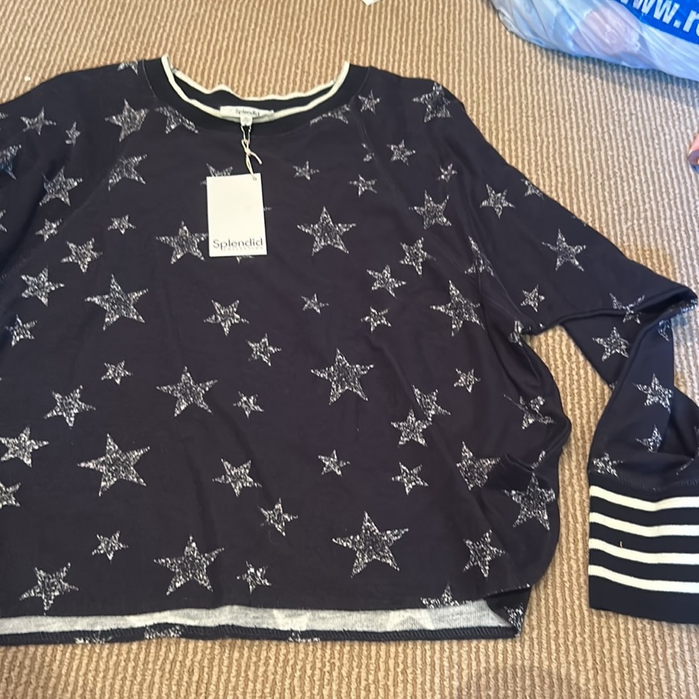 NWT SPLENDID heritage terry navy and white Star Patterned top size medium - Picture 5 of 11